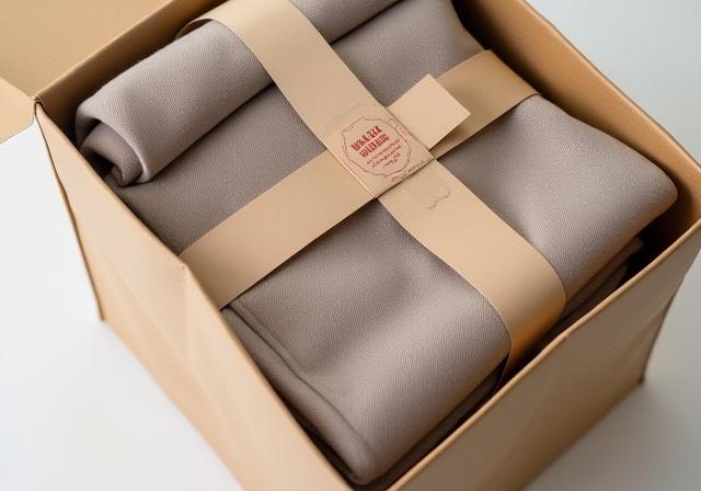 Stylishly folded textiles in eco-friendly packaging with a 'Made in Canada' stamp.